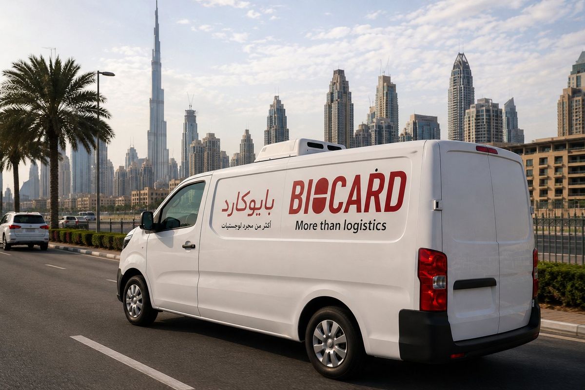 A BIOCARD delivery van on a Dubai road
