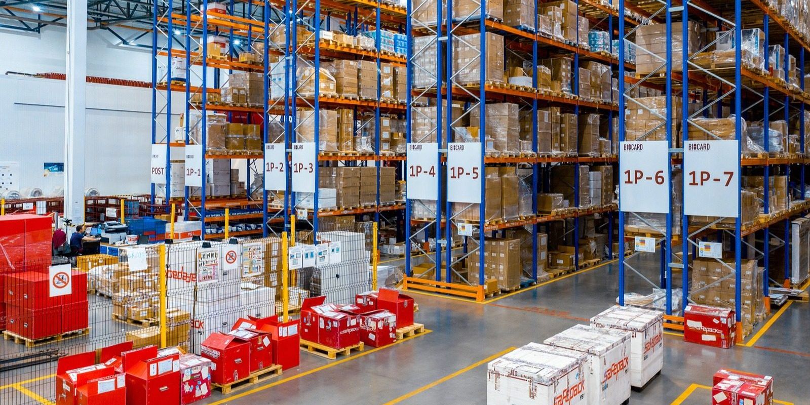 Pallet racking and SafePack containers in a BIOCARD Group pharmaceutical warehouse