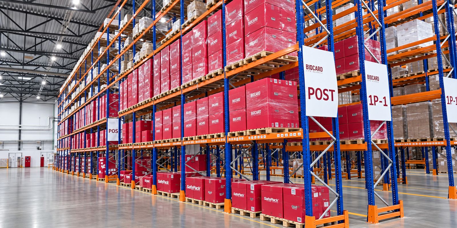 SafePack thermal containers on pallet racking in a BIOCARD Group pharmaceutical warehouse
