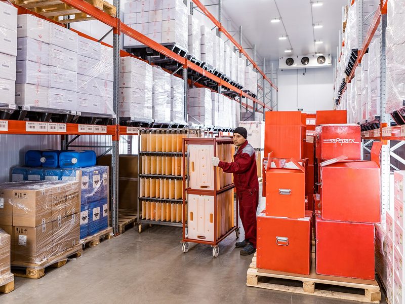 A warehouse employee with a cart of cooling elements in a cold chamber, red SafePack containers on a pallet