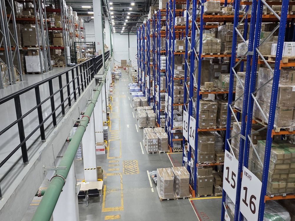 Pallet racking seen from the mezzanine